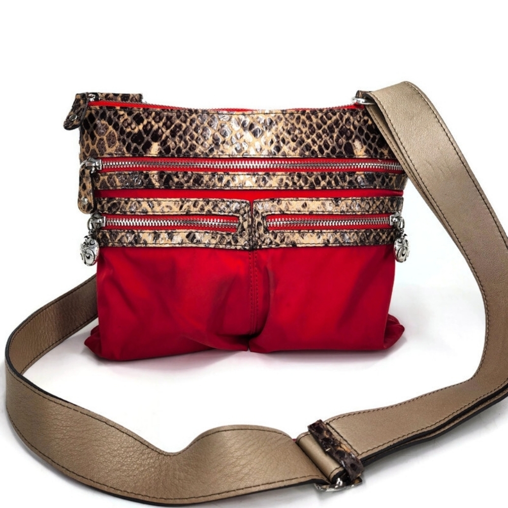 Brighton GoGo Red Nylon Black-Tan Snake Print Leather Convertable Crossbody Bag